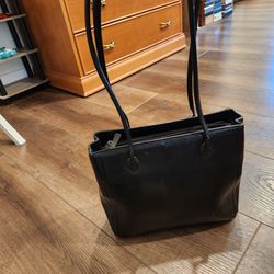 Adrienne Vittadini black Leather shoulder bag features long, comfortable top handles and a minimalistic design, 11"×9.5"×4", Clean and great condition