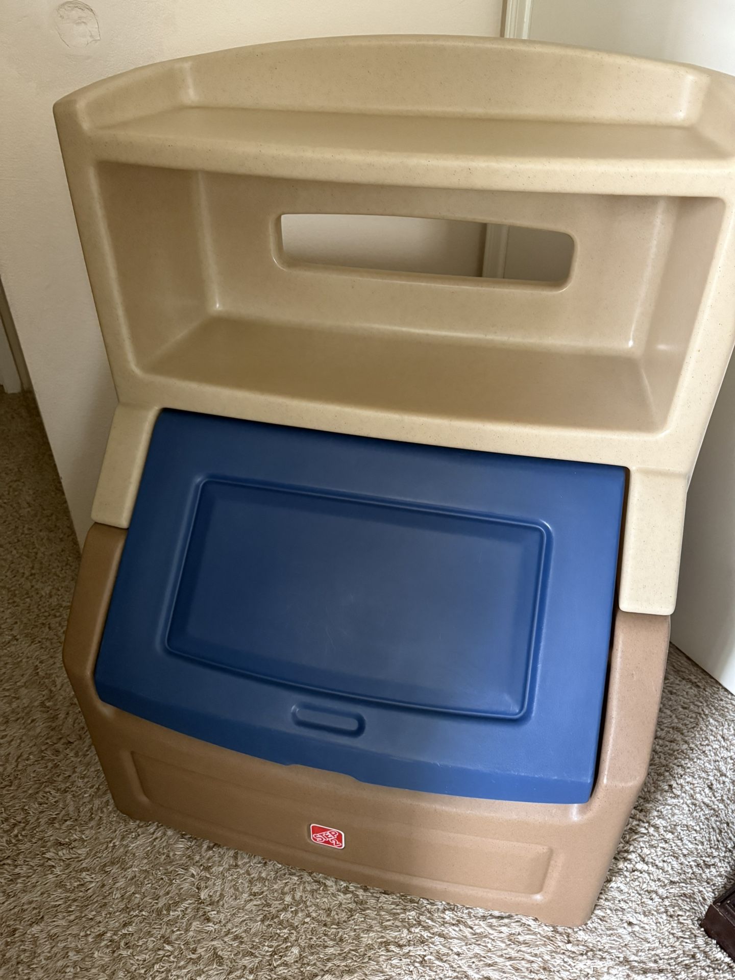 Step2 Lift & Hide Brown and Blue 38" Tall Plastic Toddler Bookcase and Kid Toy Box and Toy Storage