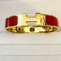  H Bangle Cuff Bracelet w RED Enamel Gold Plated