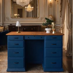 Custom Vintage Wooden Desk – Hand-Painted Blue, Solid Wood Top