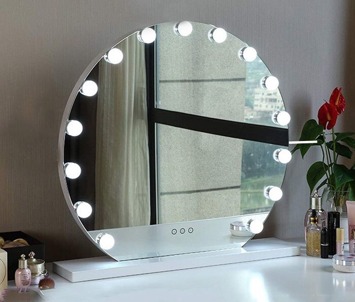 New $140 Round 24” Vanity Mirror w/ 15 Dimmable LED Light Bulbs Beauty Makeup (White or Black)
