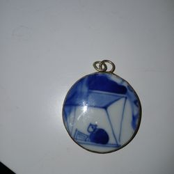 Chinese Pendant From Blue & White Porcelain Shard Set I. Silver Bezzel