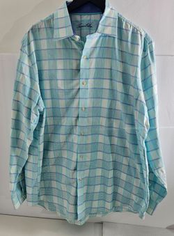 ​Tasso Elba Mens Shirt XXL 18 18.5 Aqua Blue Plaid Button Down 100% Cotton Dress