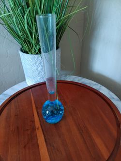 Vintage MCM Art Glass Blue Controlled Bubble Bud Vase 8"