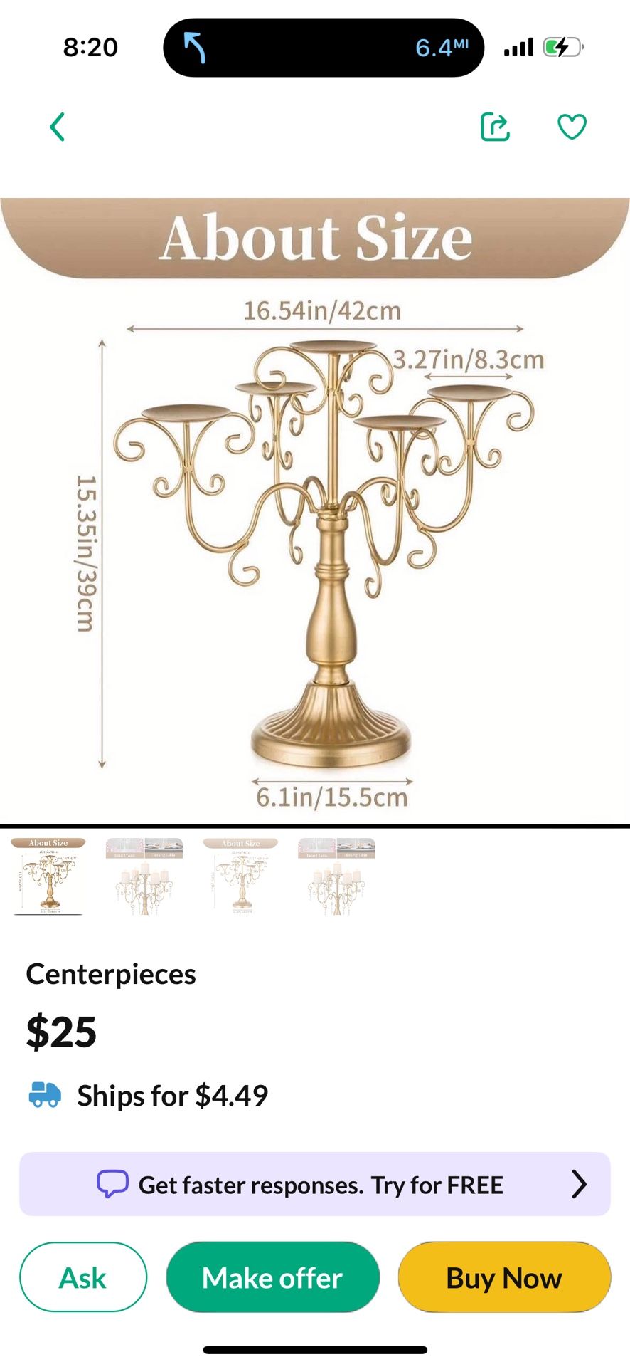 4 Gold Candle Center Pieces
