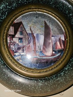Vintage Round Brass Framed Harbor Scene Art