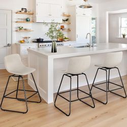 LUE BONA Swivel Bar Stools Set of 3, 25in Linen Fabric Counter Height Bar stools, Mid Century Modern Bar Stools with Metal Legs & Footrest, for Kitche