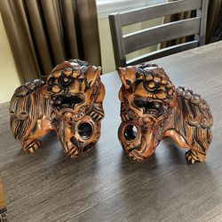 Mirrored Pair Vintage Carved Wood Chinese Foo Dogs