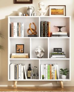 Wooden Open Shelf Bookcase, 3 Tiers & 7 Cubes Book Shelf with Legs