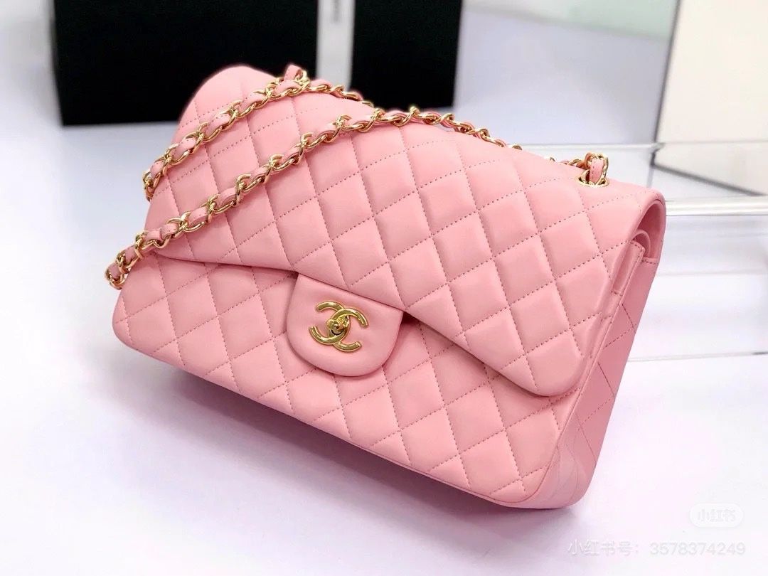 Genuine Leather Pink Handbag With Gold Cc Logo