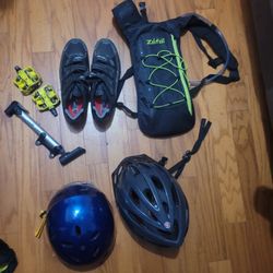Bicycle Shoes, Helmets, Air Pump, Water Backpack