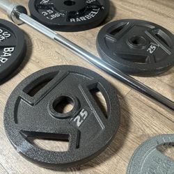 CUZ NEED THE $$ NEW Olympic Equipment: 6 ft Silver Bar & Weight Plates 35s, 25s, and 10s lbs. Total: 180 lbs [ NO, No Better Price]