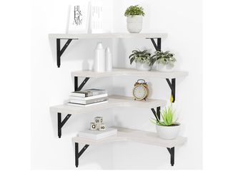 ROMGUAR CRAFT Corner Floating Shelves Wall Mounted Set of 4, Rustic Wood Storage Display Shelves for Home Decor, Bathroom, Kitchen, Bedroom, Living Ro