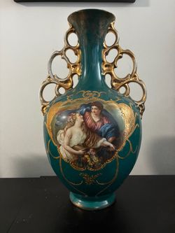 17” Antique Teal and Gold Gilt Porcelain Royal Doulton  Vase with Gold Handles  c 1900 pattern 6606