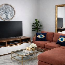 🛋️ Modern Living Room Set – Sofa + TV Stand + Gold Mirror + Decor