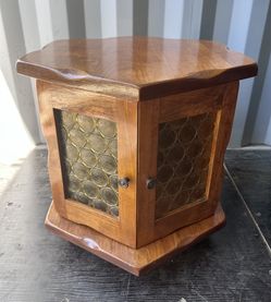 Mid-Century Bubble Glass Hexagon Table – Solid Wood, Storage