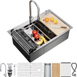 33X22 Drop In Kitchen Sink, 304 Stainless Steel Workstation Sink, Pop-Up Drain, Upgraded Fast Drain & Anti-Clog, Topmount Single Bowl with 