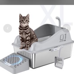 Stainless Steel Litter Box, XL Metal Litter Box With High Wall Sides, Stainless Steel Litter Box With Lid, Never Absorbs Odors, Non-Sticky, Anti-Urine