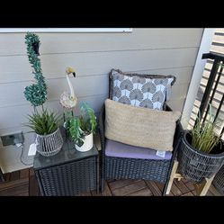 Dark gray wicker, two patio chair, one side table $75