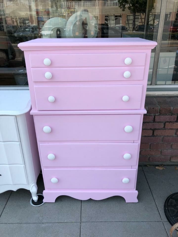 Vintage Shabby Chic Pink Dresser Solid Wood Dovetail Easy Slide Drawers...30x17x48"...$150