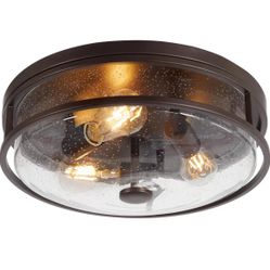 16 Inch Large Flush Mount Ceiling Light Fixture with Seeded Glass, Bronze Round Ceiling Lamp Shade, Modern Farmhouse Indoor Outdoor Ceiling Lighting f