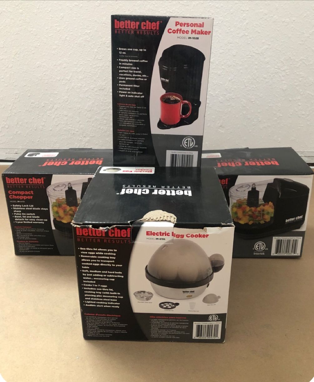 All New, Never used items (2) Compact Choppers (1) Personal Coffee Maker (1) Electric Egg cooker all for $30.00