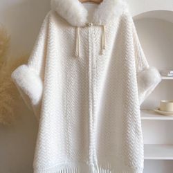 Woman’s Solid Color Fringe Trim Shawl, Casual Warm Long Sleeve Open Front Cape