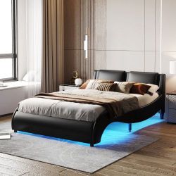 NEW Black Wood Frame Queen Size Upholstered Platform Bed with LED Lights Underneath, Faux Leather Wave Like Led Bed Frame