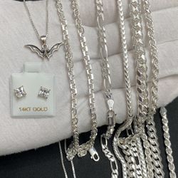 Sterling silver .925 Jewelrey Franco Cuban Links Rope Chains Anchor Links 14k Gold  Earrings 