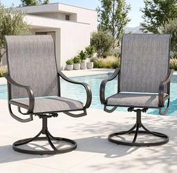 Swivel Patio Dining Chairs Set of 2, Textilene Mesh Fabric, Grey High back ergonomic backrest. All-weather black E-coated metal frame, designed for pa