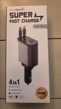 Elobeth - 4 In 1 - Super Fast Car Charger - 2 Plugs (USB-C/USB-A) - 2 Retractable Cords (USB-C/Lightning) - New