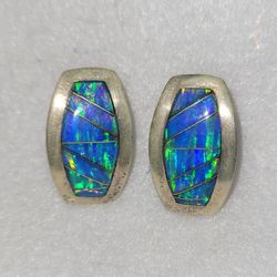 Large Mosaic Fire Opals Sterling Silver Inlay Earrings 