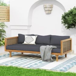 68” Acacia Wood (Teak Finish) Outdoor Patio Daybed / Sofa w/ Dark Gray Cushions & Rattan Weave Arms [NEW IN BOX] *Retails for $682 <Assembly Req> 