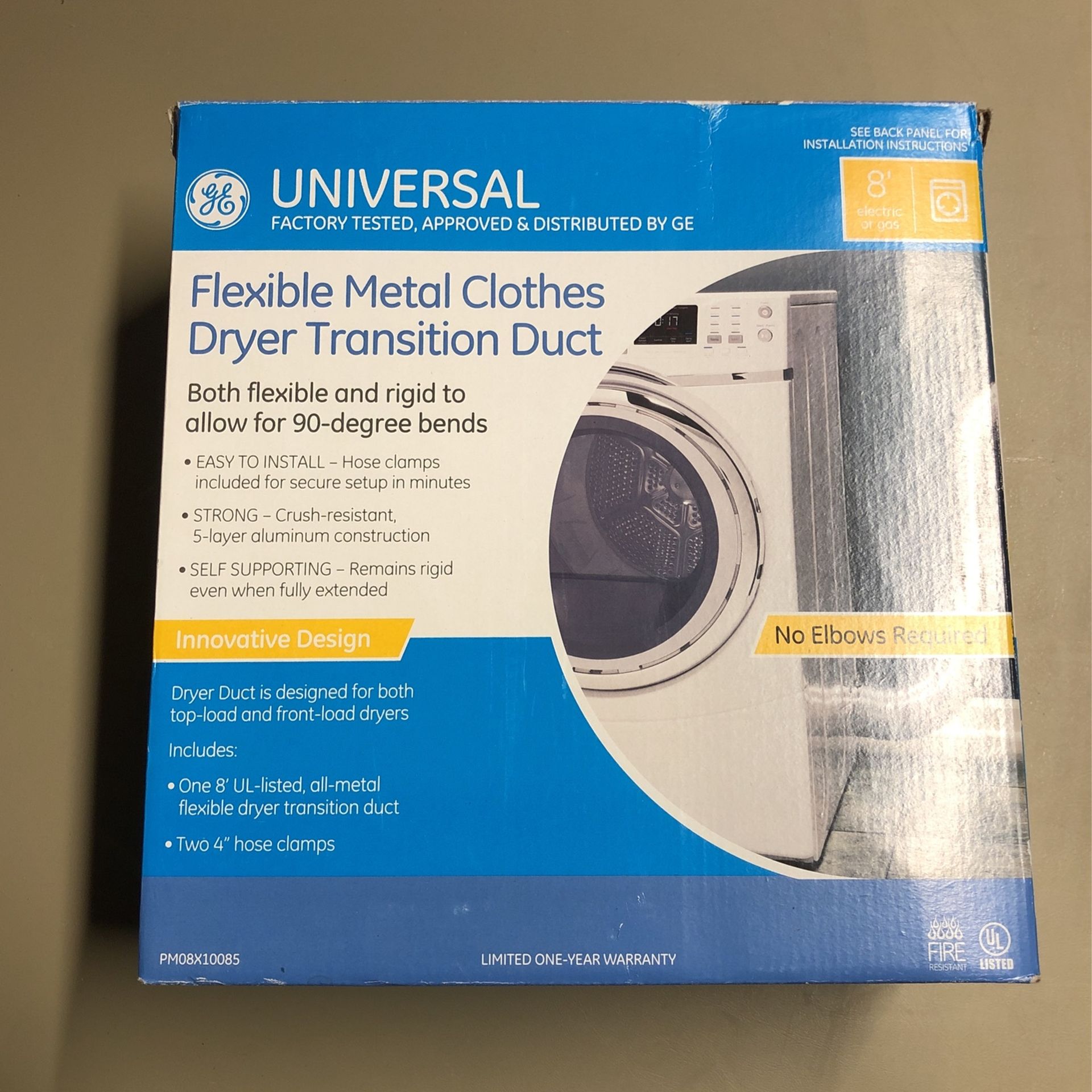 Flexible metal clothes dryer transition duct 8'