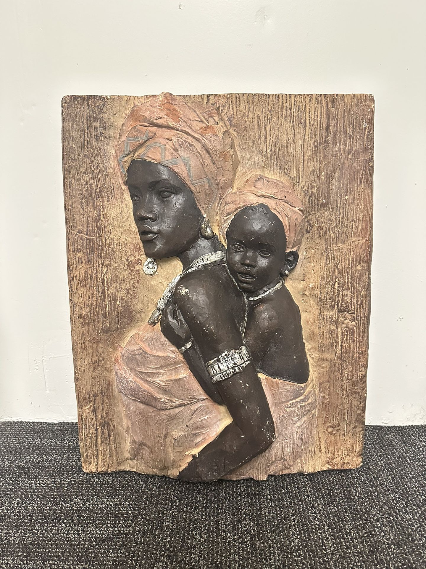 Large African Mother & Child Wall Relief Plaque 25” Resin Sculpture Ethnic