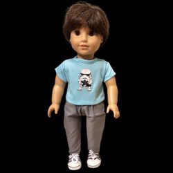 3 Pc 18” Boy Doll Outfit, Blue Star Wars Trooper Novelty Tee Shirt, Gray Pants & Black Converse Shoes, Fits American Girl