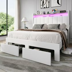 Queen Size Platform Bed Frame with 2-Tier LED Storage Velvet Wingback Headboard & 2 Storage Drawers, USB & Type-C Charging Ports, White