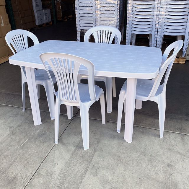 New $67 Plastic Table and (4pcs) Chair Set Outdoor Patio Furniture, Table 54x33x28”, Chairs 17x19x34” 