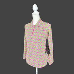 IBKUL Women’s Chantal Zip Long Sleeve Adjust Drawstring Pineapple Shirt Sz S