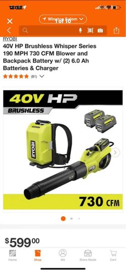 RYOBI 40V HP Brushless Whisper Series 190 MPH 730 CFM Blower and Backpack Battery w/ (2) 6.0 Ah Batteries & Charger