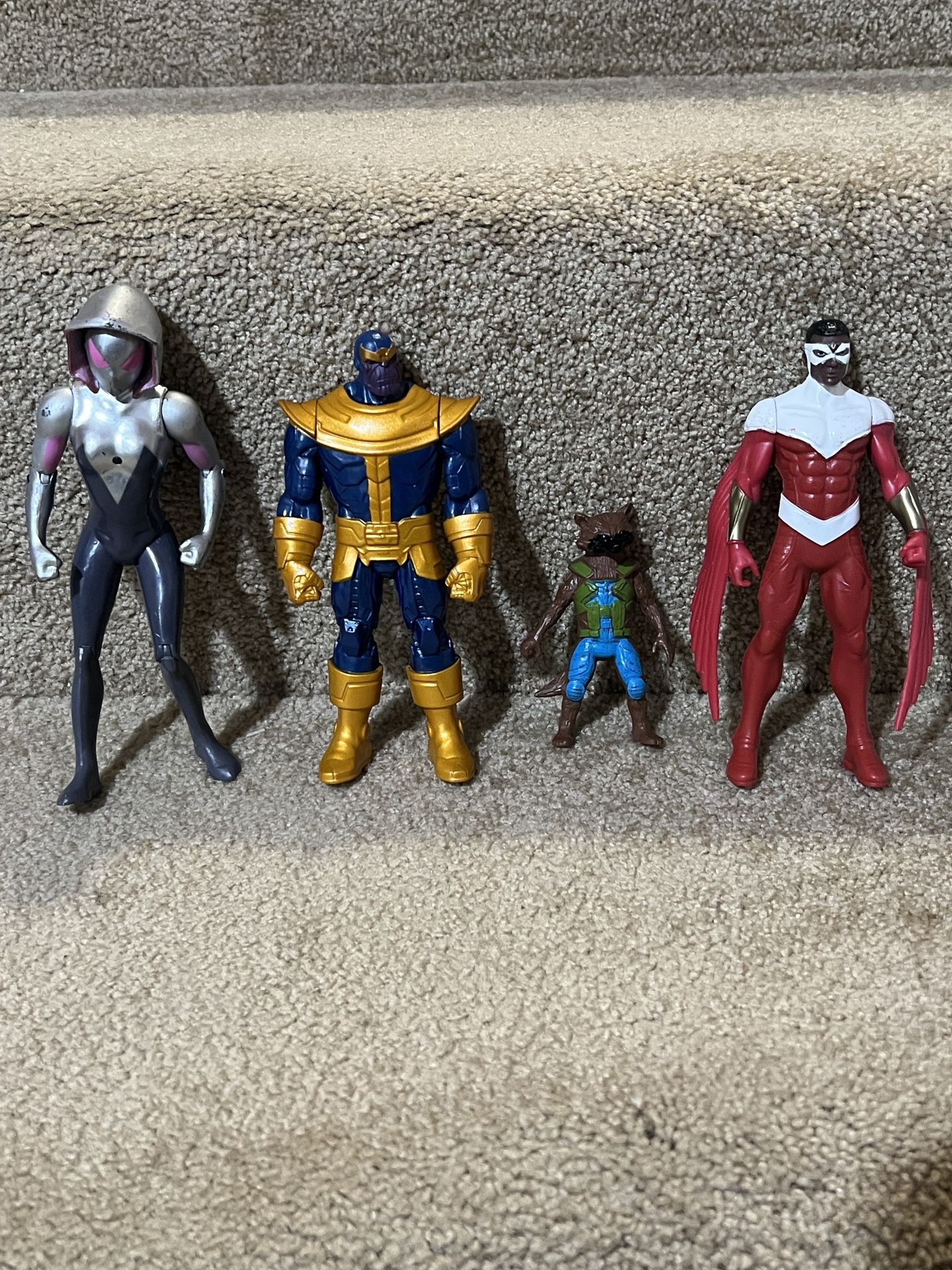 Marvel lot of 6” Figures Thanos & Falcon & Ghost Spider lights & Rocket Raccoon