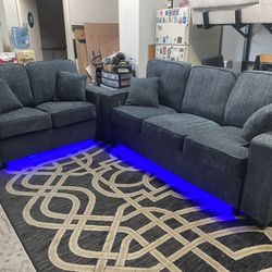 New Blue Chenille Couch / Love Seat With LED Lights.  Free Delivery!