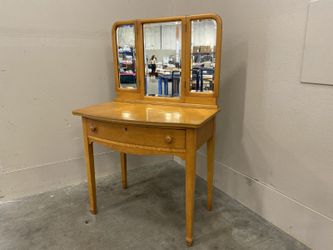 Vintage Maple Vanity with Attached Tri-Fold Mirror