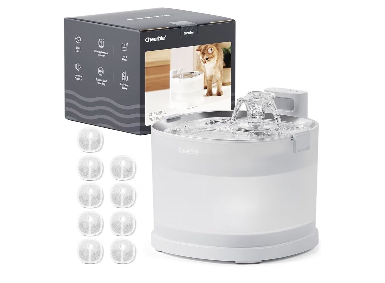 🔥Brand new🔥 Pumpless Pet Fountain Elfin E1+ with 9 Extra Filters, Wireless Pet Fountain Battery Operated, 2L/67oz E1+ Automatic Water Dispenser Cats
