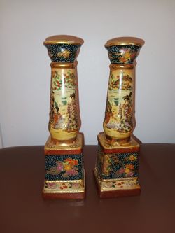Royal Satsuma Pair Of Candlesticks Circa 1900s 9 1/2" Tall Beautiful Pair Of Royal Satsuma candlesticks Circa 1900s 