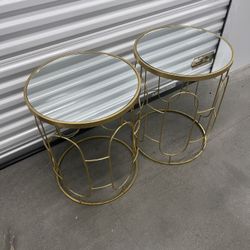 Two Round Gold, Mirror Top Side Tables
