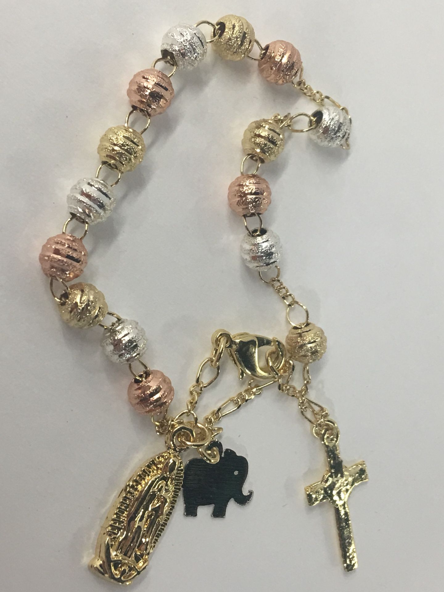 Rosary bracelet Tri color gold Rosario Virgen de Guadalupe elephant bracelet Gold filled