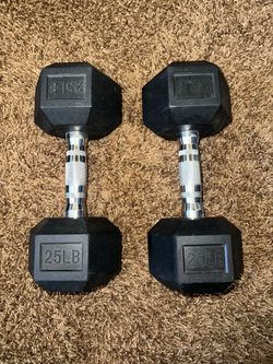 Pair of 25 lb Rubber Hex Dumbbells
