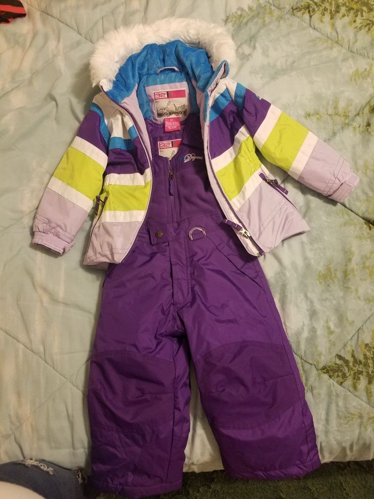 Girls winter snow suit with suspenders and matching winter coat