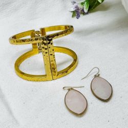 Gold Cuff Hinged Bracelet & Gold Rose Quarts Drop Earrings.  NWOT